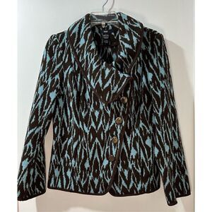 Anthropologie Kial women blue brown jacket w/bell sleeves button size S #27-0695